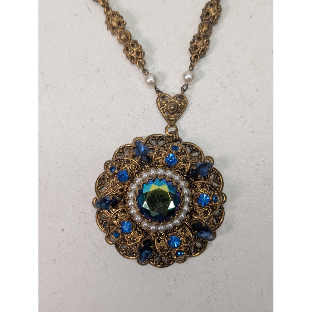 Filigree Crystal Pendant Necklace Gold Tone Blue Round Statement 17in Costume